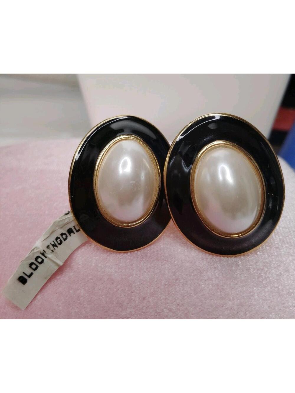 Vintage Anne Klein Bloomingdale Old Stock Black Enamel Faux Pearl Clip Earrings